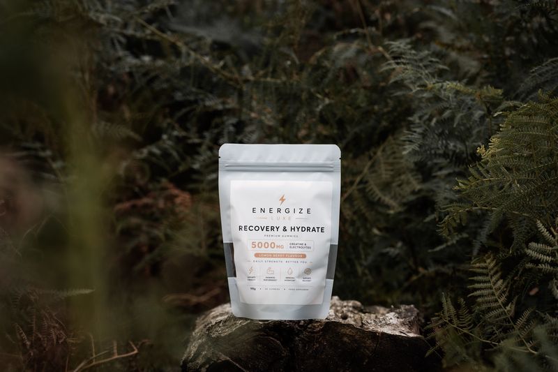 Energize Luxe Recovery & Hydrate pouch resting on a log among forest ferns